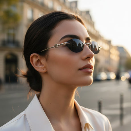 Womens slim rimless oval sunglasses with dark lenses and silver temples, Jack Gifts Online Lebanon