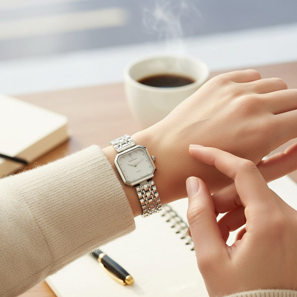 Women's silver square watch with octagonal case and pale dial, Jack Gifts Online Lebanon