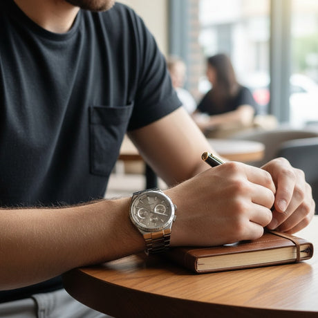Men's silver steel chronograph watch worn on the wrist, Jack Gifts Online Lebanon