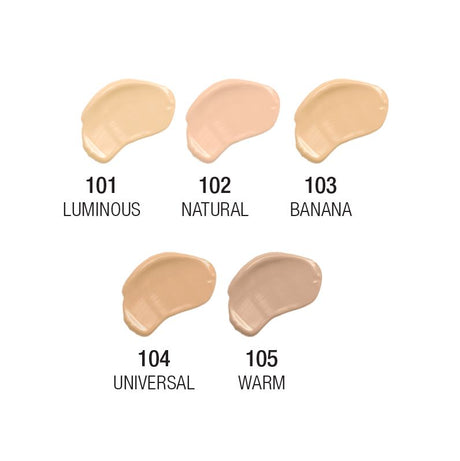 Skin Envy shade chart with all five concealer swatches numbered 101 to 105