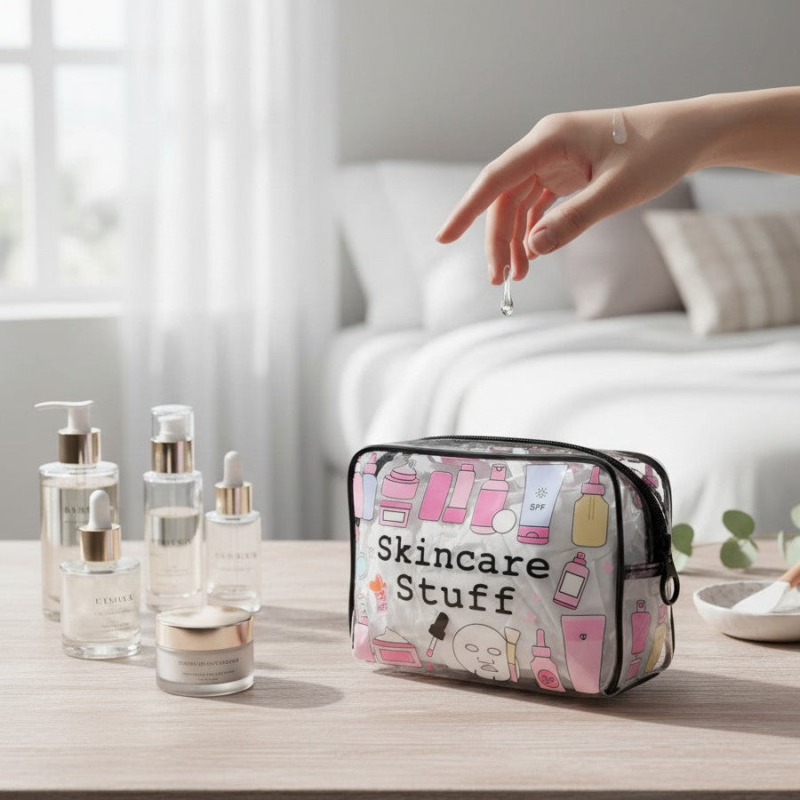 Cosmetic bag labeled 'Skincare Stuff' on a table with skincare products in a bedroom setting.