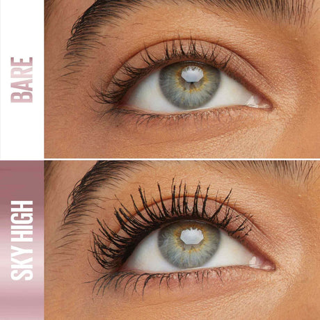 Single eye shown bare and with Sky High mascara for a lifted lengthened look