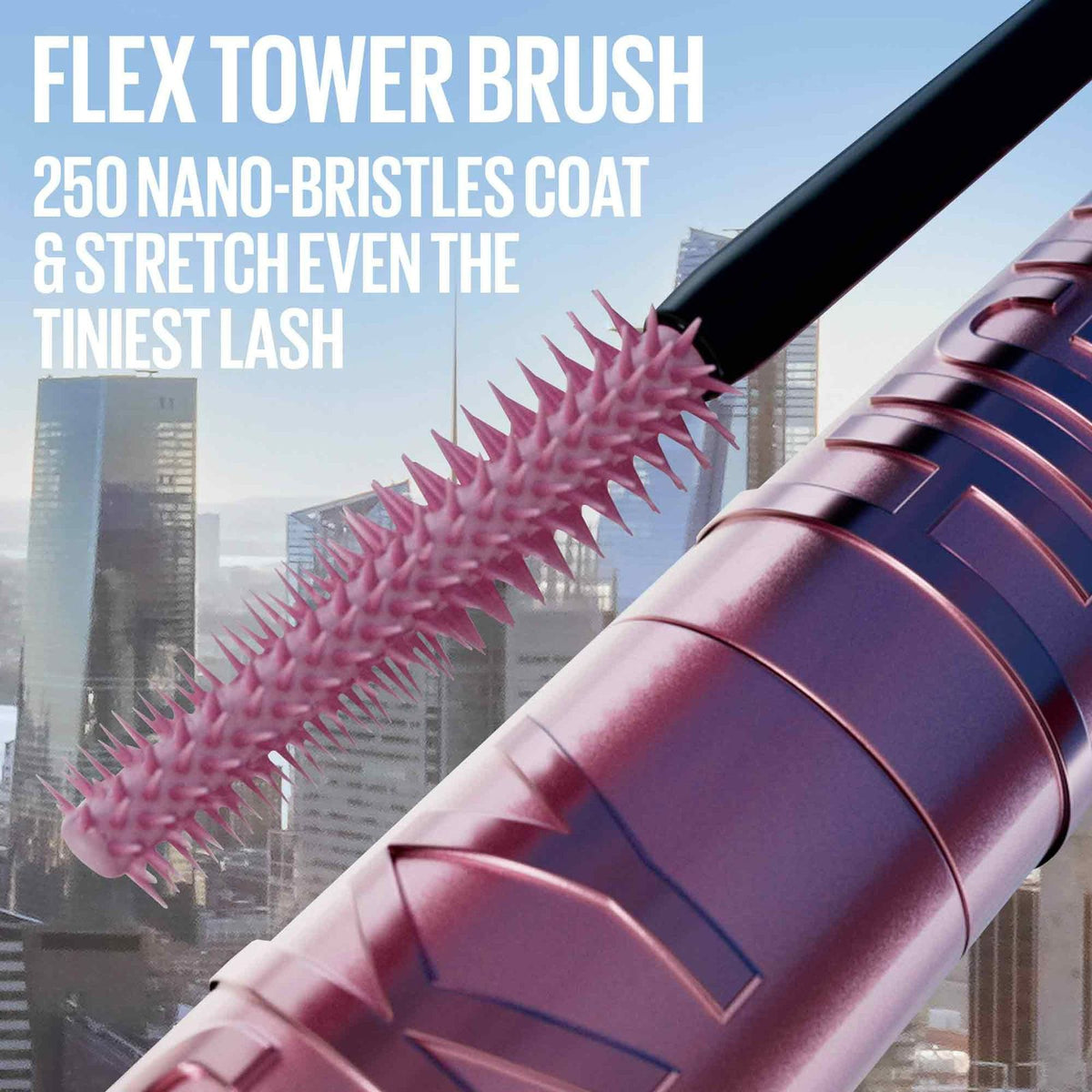 Close view of the Flex Tower brush with 250 nano bristles that coat tiny lashes