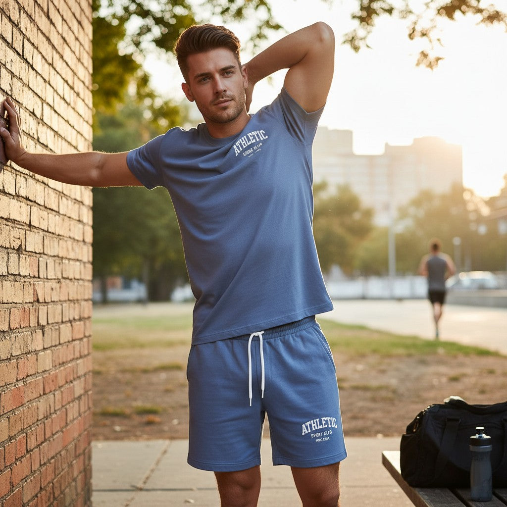 Men's slate blue athletic jogging set, t-shirt and shorts