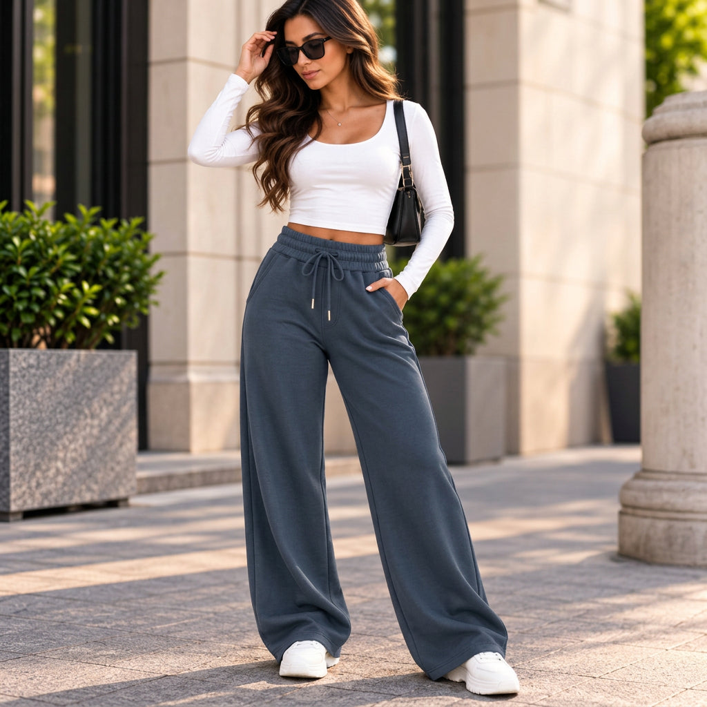 Woman in slate blue wide leg sweatpants with a drawstring waist, a white crop top and white sneakers