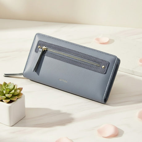 Blue women's wallet with a sleek gold zipper detail