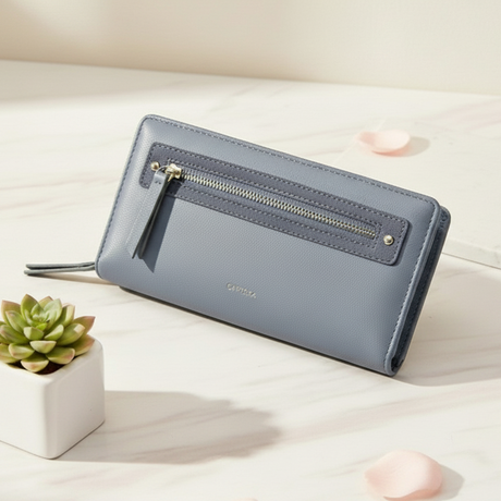 Blue women's wallet with a sleek gold zipper detail
