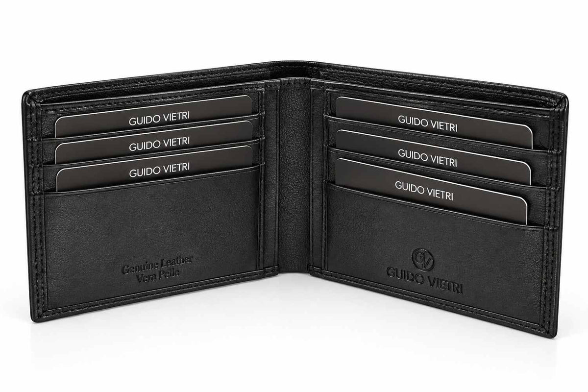 Interior of the plain black bifold showing two rows of card slots and a note section