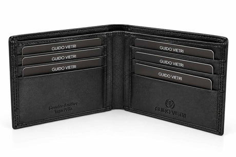 Interior of the plain black bifold showing two rows of card slots and a note section