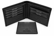 Slim black leather bifold open above a matching card holder on a white background