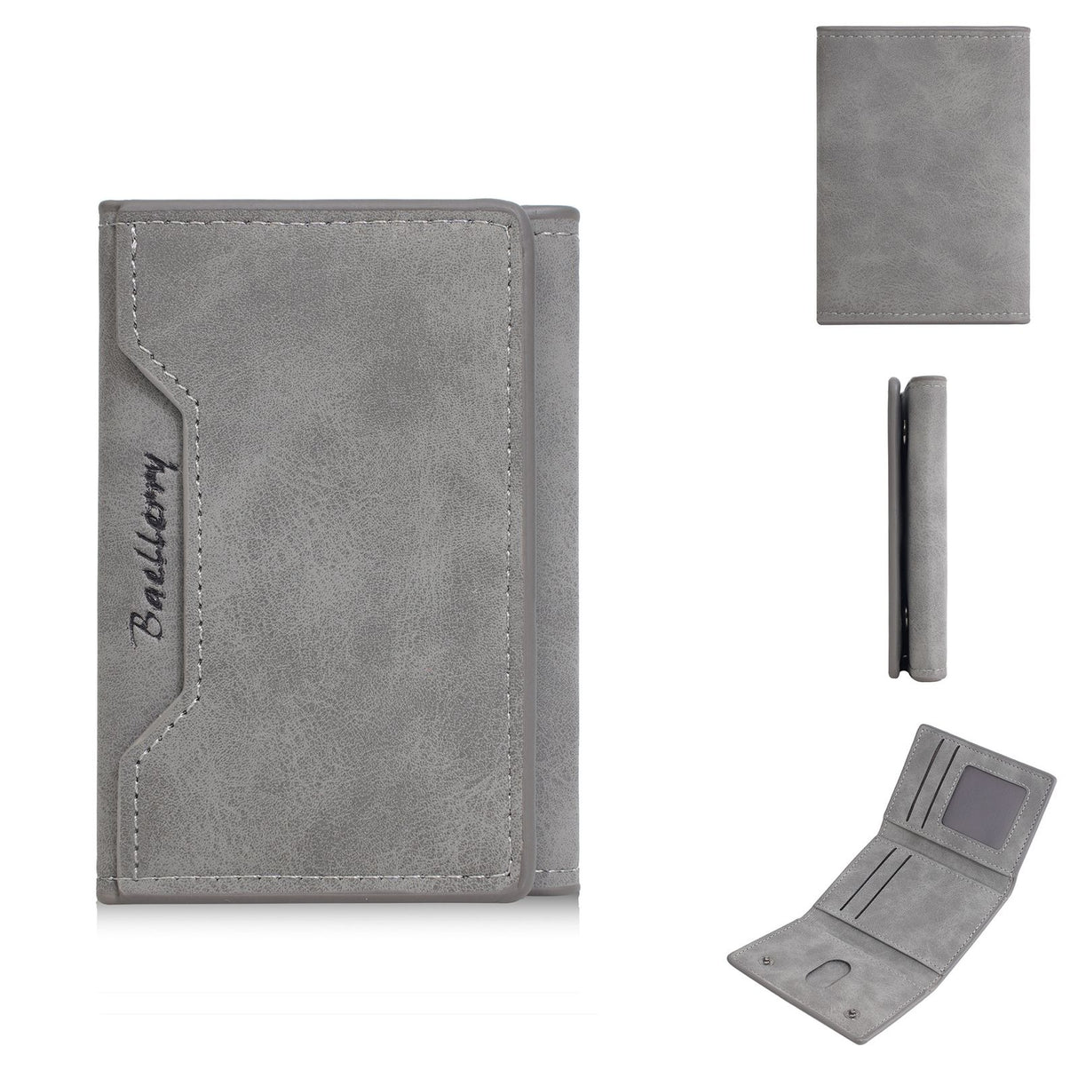 Gray wallet with brand name on a white background