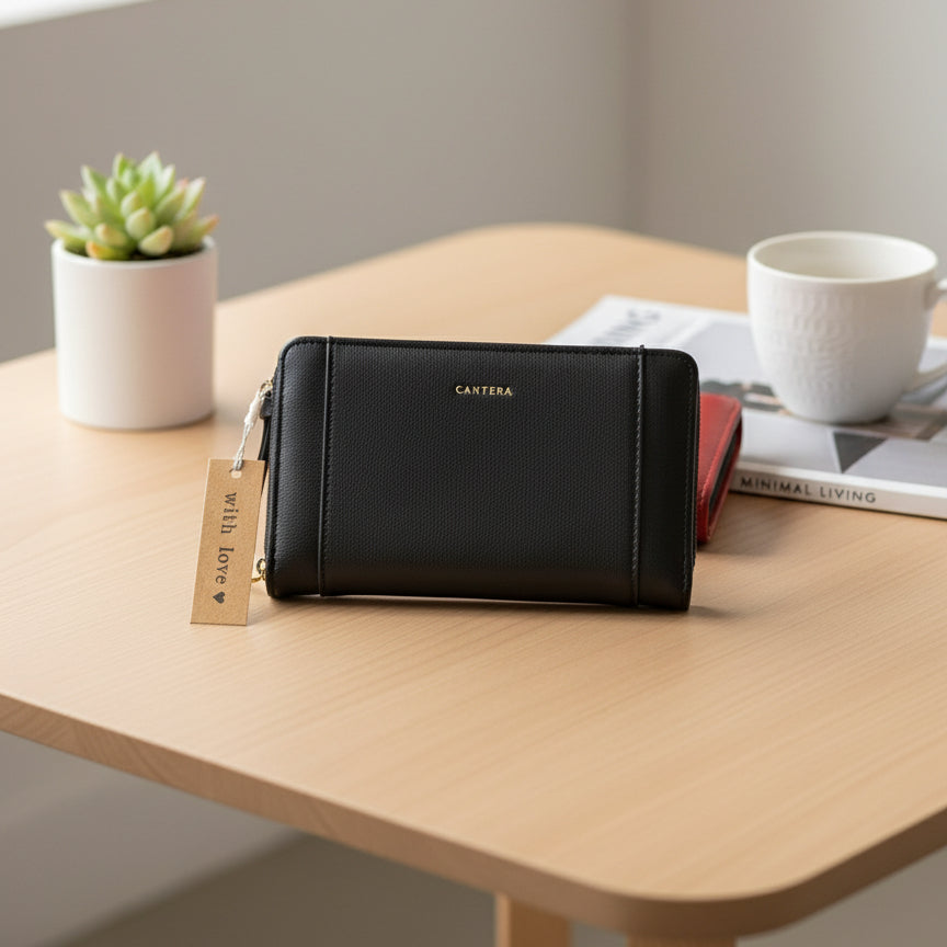 Black wallet on a wooden table with a plant and cup in the background