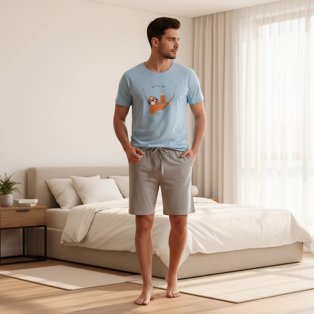 Sloth print pyjama set worn standing in a sunlit bedroom