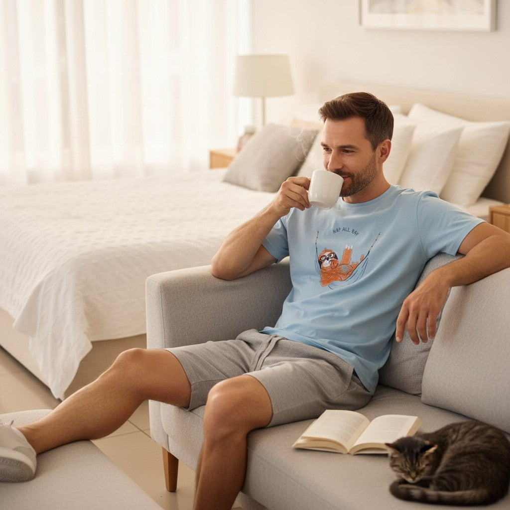 Sloth print pyjama set worn on a sofa with a cat and a mug of coffee