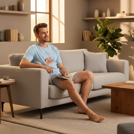 Sloth print pyjama set worn relaxing on a sofa in a warm living room