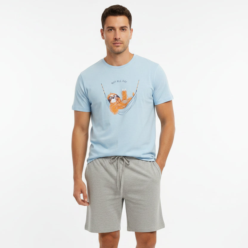 Light blue tee with a sloth in a hammock and grey shorts