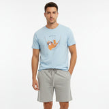 Light blue tee with a sloth in a hammock and grey shorts