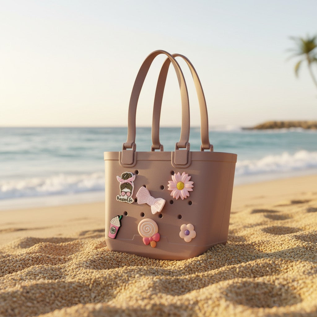 Mocha brown tote resting on rippled sand with pink daisy, knitted bow, lollipop and iced drink charms