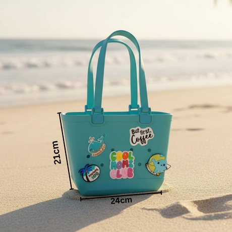 Turquoise EVA beach tote shown with size markings for its 21cm height and 24cm width