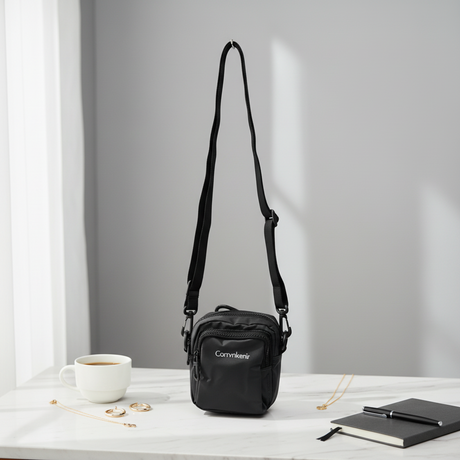 Small black crossbody bag on a white surface with a cup and notebook in the background