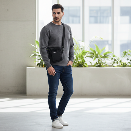 Man wearing a grey sweater, blue jeans, and white sneakers with a small black crossbody bag in a modern indoor setting