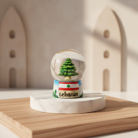 Snow globe holding a single green cedar tree, on a base painted with the Lebanese flag