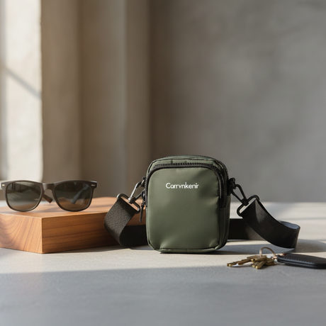 Small green crossbody bag with sunglasses and keys on a wooden surface