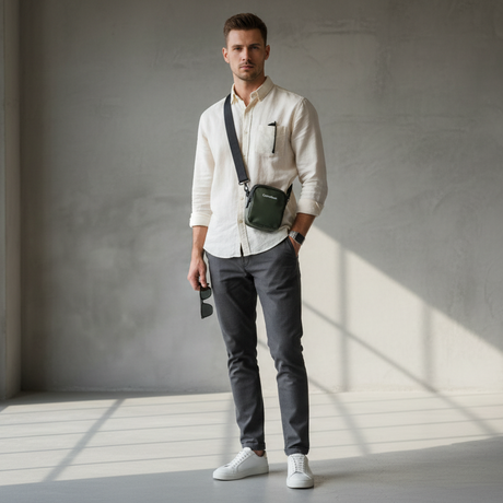 Man in a white shirt and dark pants wearing a small green crossbody bag standing in a room with grey walls