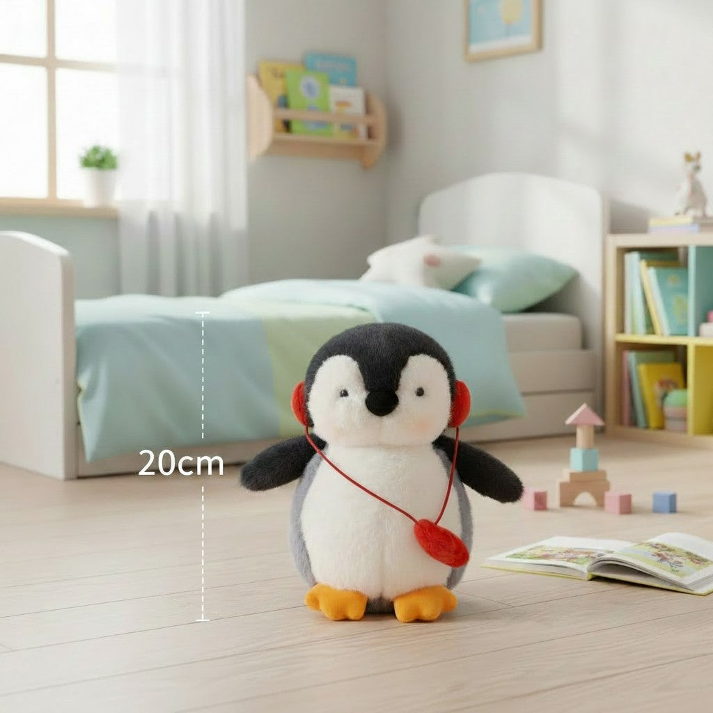 Small 20 centimeter penguin plush wearing red headphones