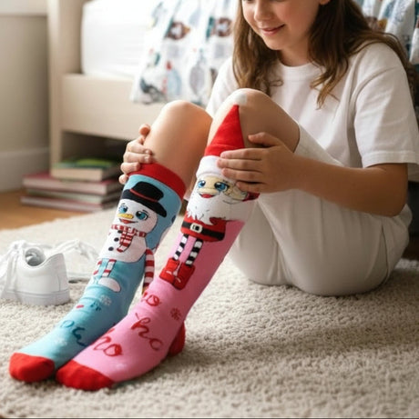 Girl wearing mismatched pink and blue snowman knee high Christmas socks on a rug