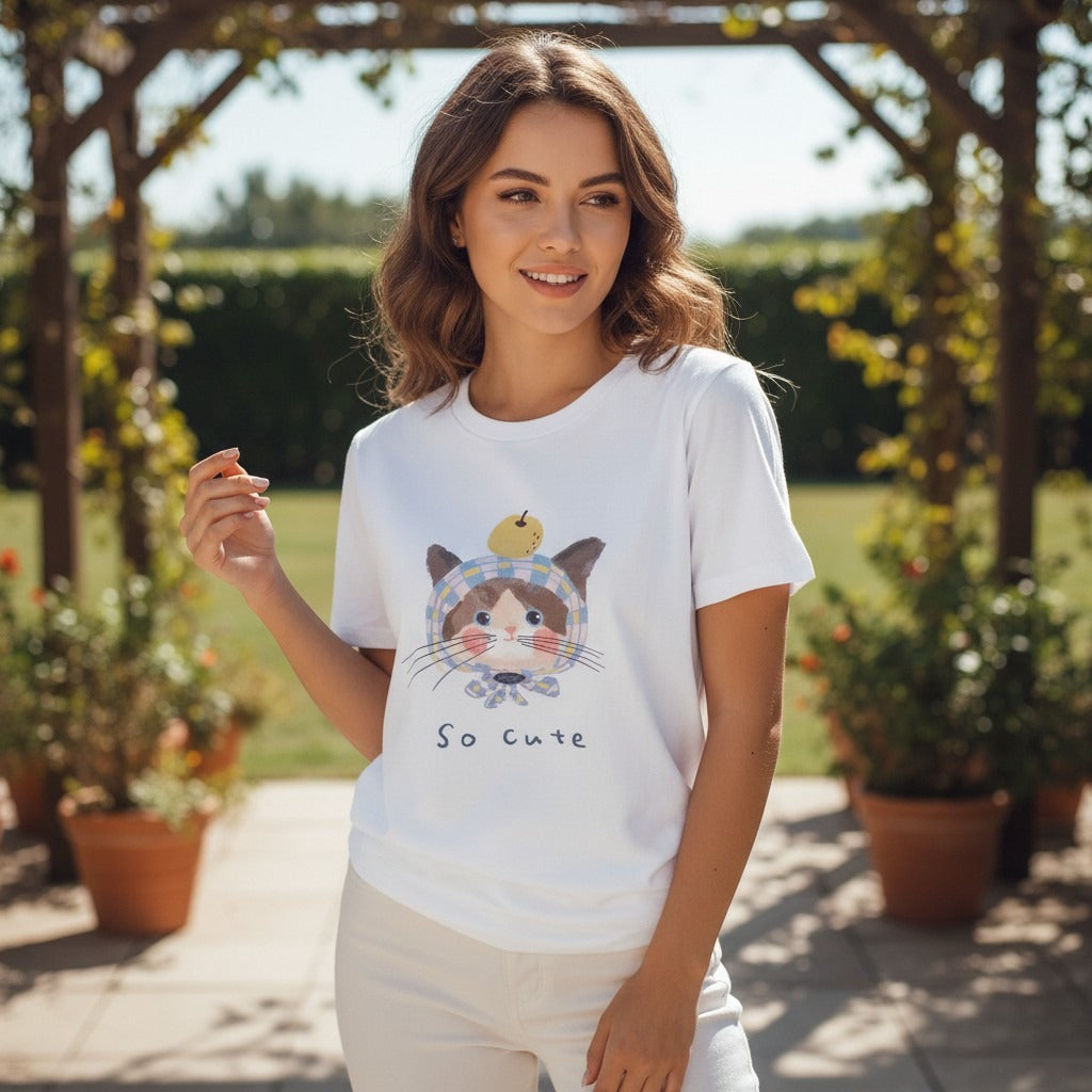 Woman wearing a white tshirt with a cat graphic and 'So Cute' text, standing outdoors