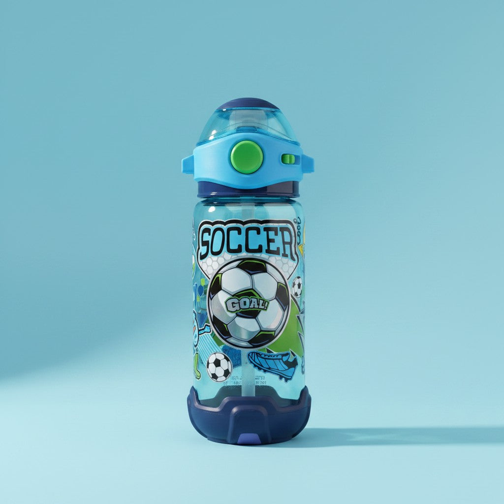 Kids soccer print water bottle with blue flip straw lid, Jack Gifts Online Lebanon