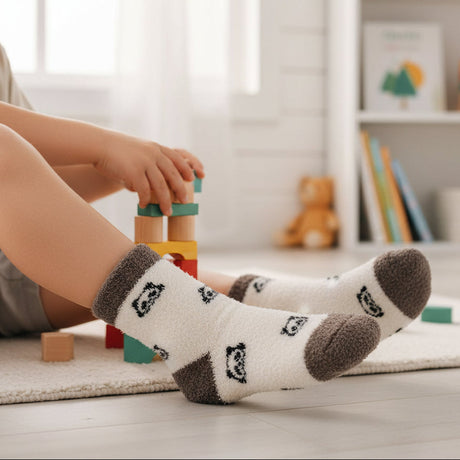 Cream and brown panda socks worn while sitting with books