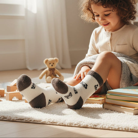 Kids cream fluffy panda socks with brown toes and panda face motif, Jack Gifts Online Lebanon