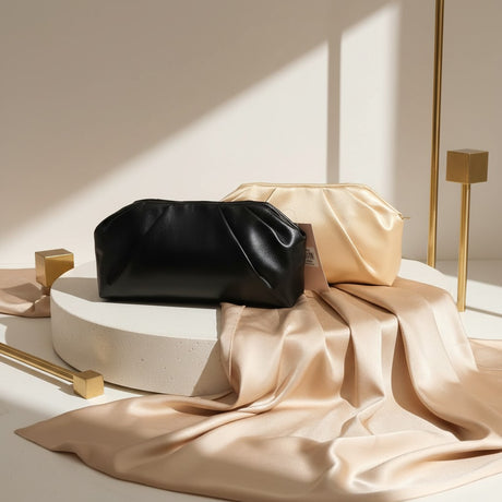 Soft pleated pouch evening clutches in black and champagne gold, Jack Gifts Online Lebanon