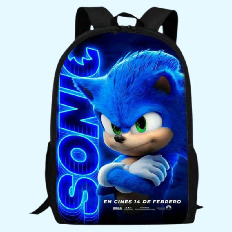 Backpack with Sonic the Hedgehog design on a light blue background
