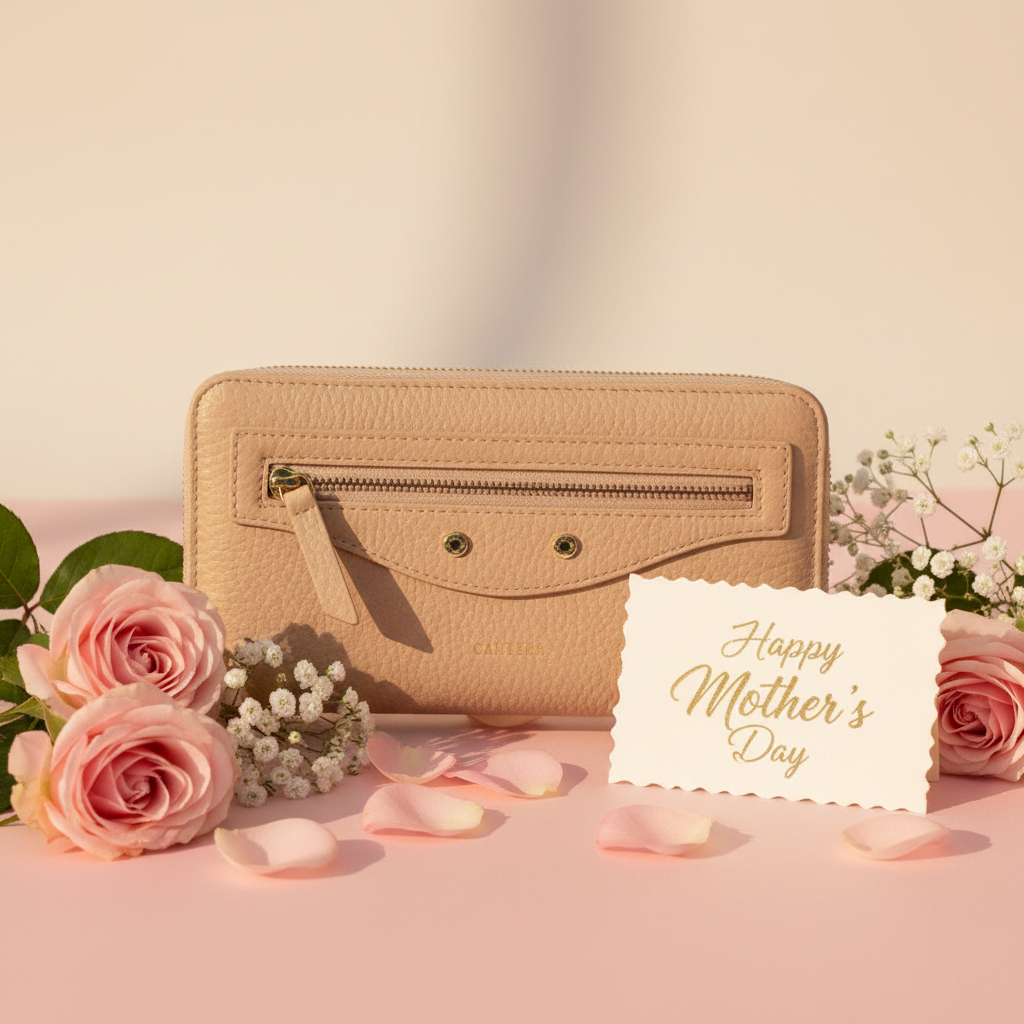 Pink wallet with pink roses and a 'Happy Mother's Day' card on a pink background