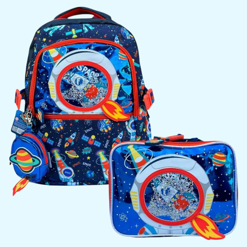 Space backpack with rocket zip pulls, round planet pouch and matching lunch bag for school