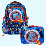 Space backpack with rocket zip pulls, round planet pouch and matching lunch bag for school