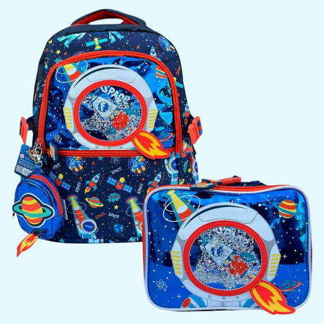 Space backpack with rocket zip pulls, round planet pouch and matching lunch bag for school