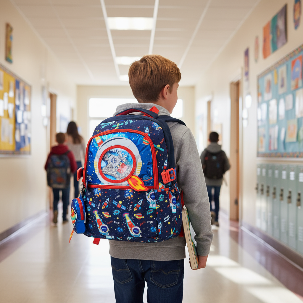 Boys navy space print backpack set with glitter helmet pocket and matching lunch bag