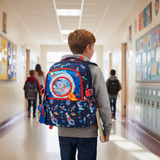 Boys navy space print backpack set with glitter helmet pocket and matching lunch bag