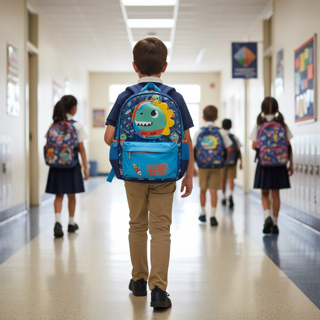Boy wearing a navy space dino school backpack in a school corridor – Jack Gifts Online Lebanon