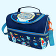 Blue insulated lunch bag with space-themed design on a light blue background