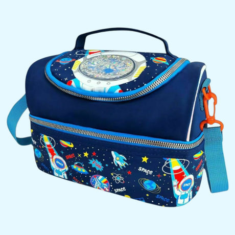 Blue insulated lunch bag with space-themed design on a light blue background
