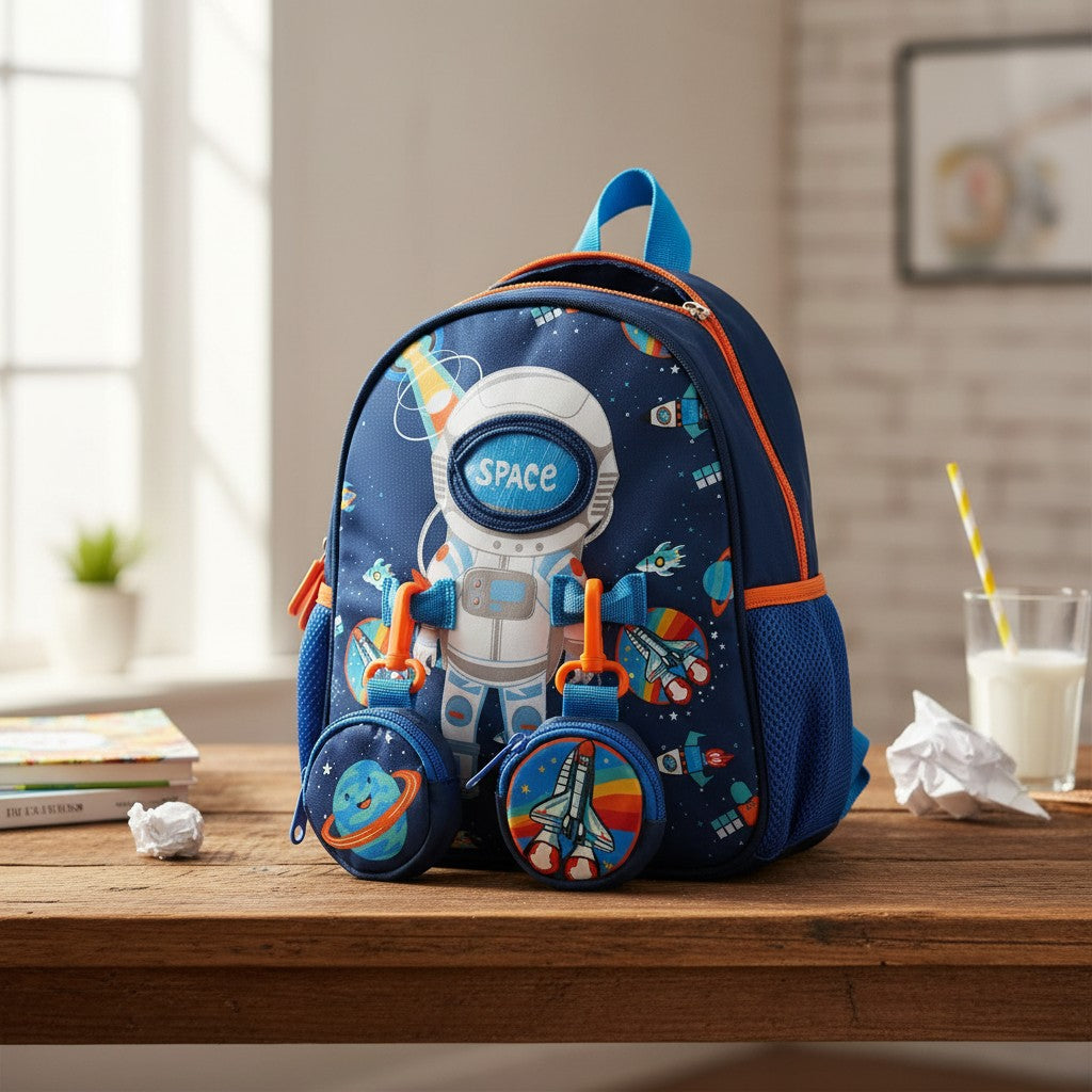 Navy space astronaut mini backpack with round front pouches, kids