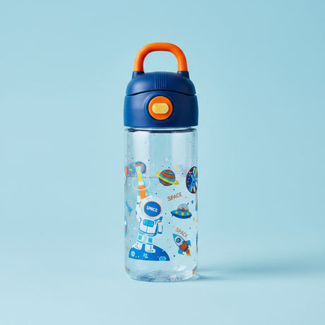 Kids space water bottle with astronaut print and straw lid