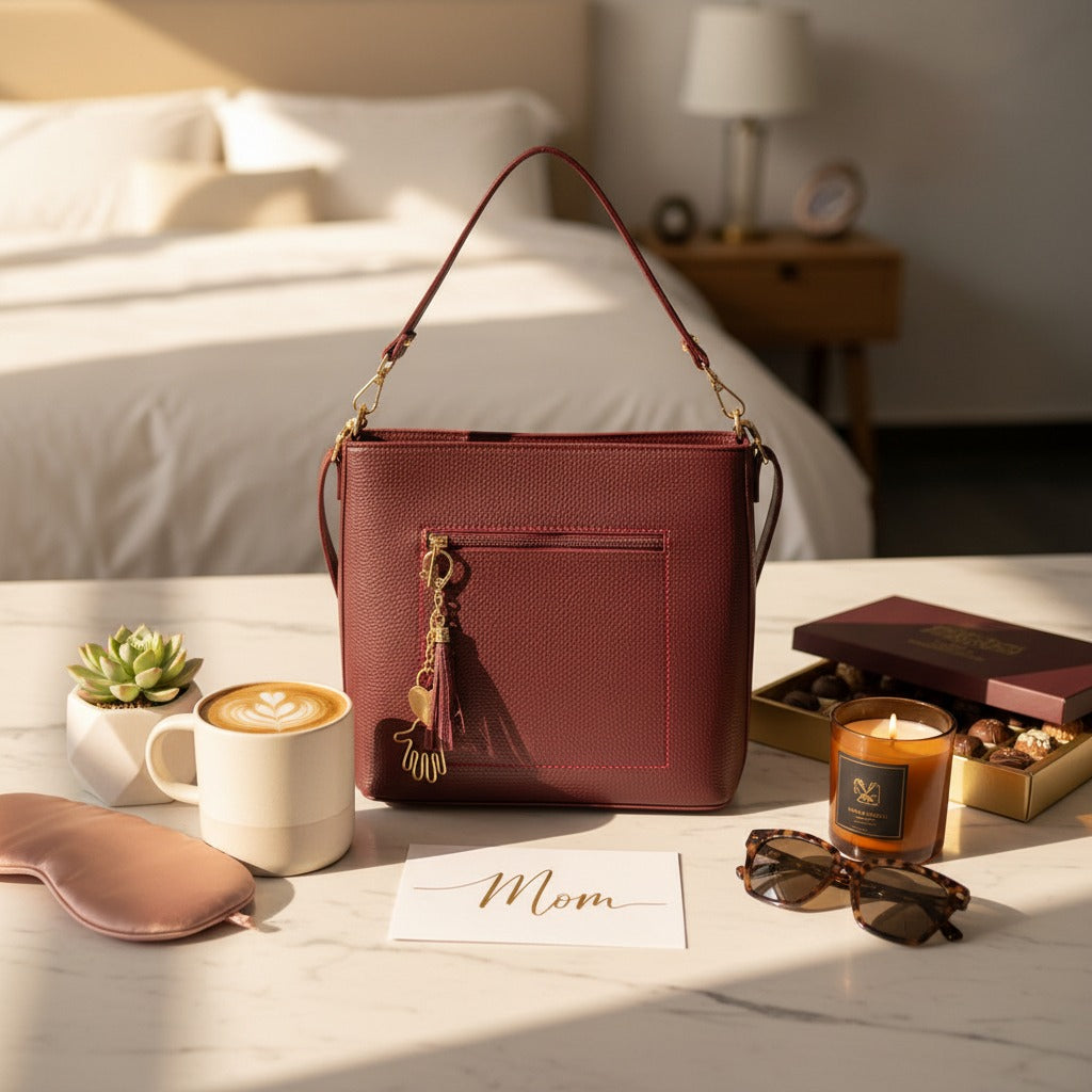 Burgundy shoulder bag on a bedside table with a candle, chocolates and a card for mum