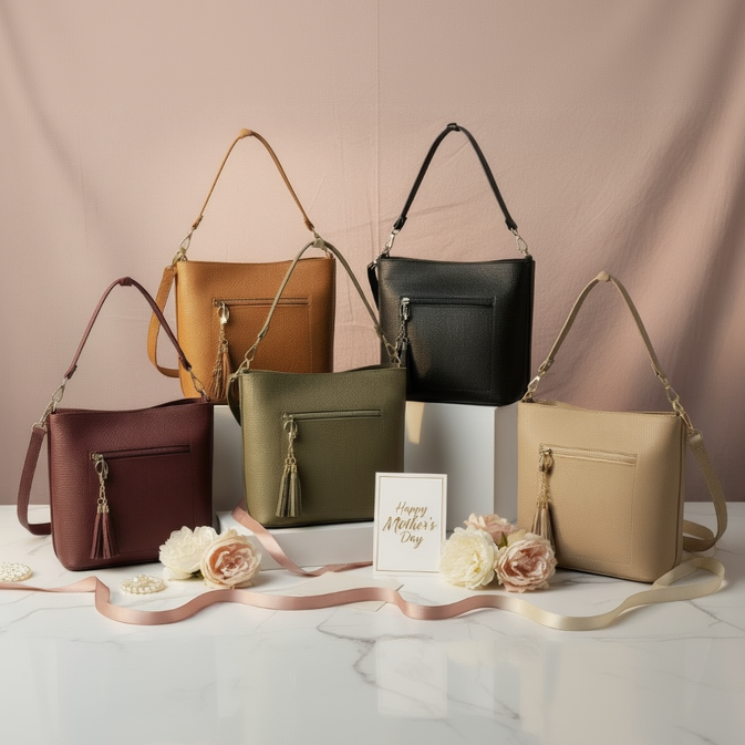 Shoulder bags in burgundy, tan, black, olive and beige against a pink backdrop with roses