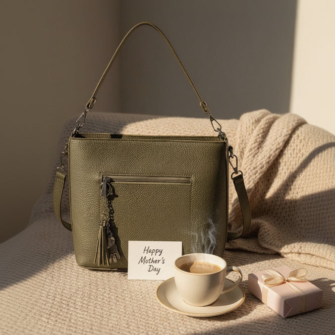 Olive shoulder bag resting on a knit throw with a coffee cup and a Mother's Day card